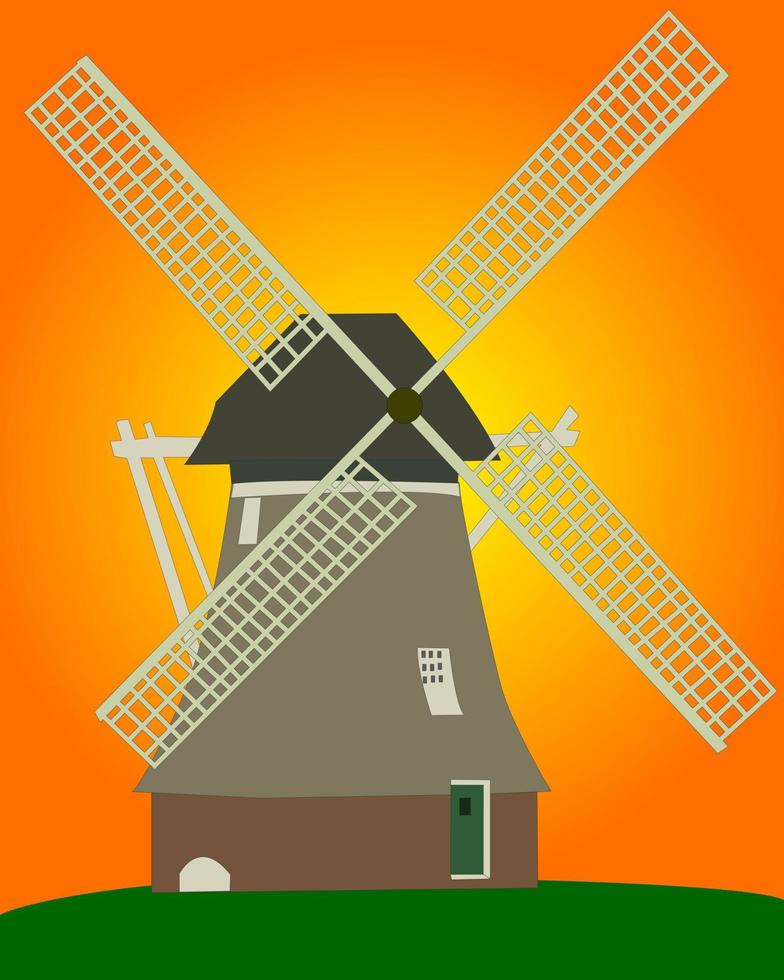 um velho moinho de vento holandês em um fundo laranja vetor