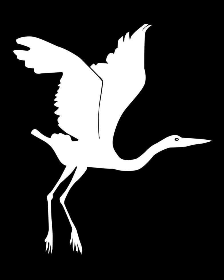 silhueta branca de uma garça voadora em um fundo preto vetor