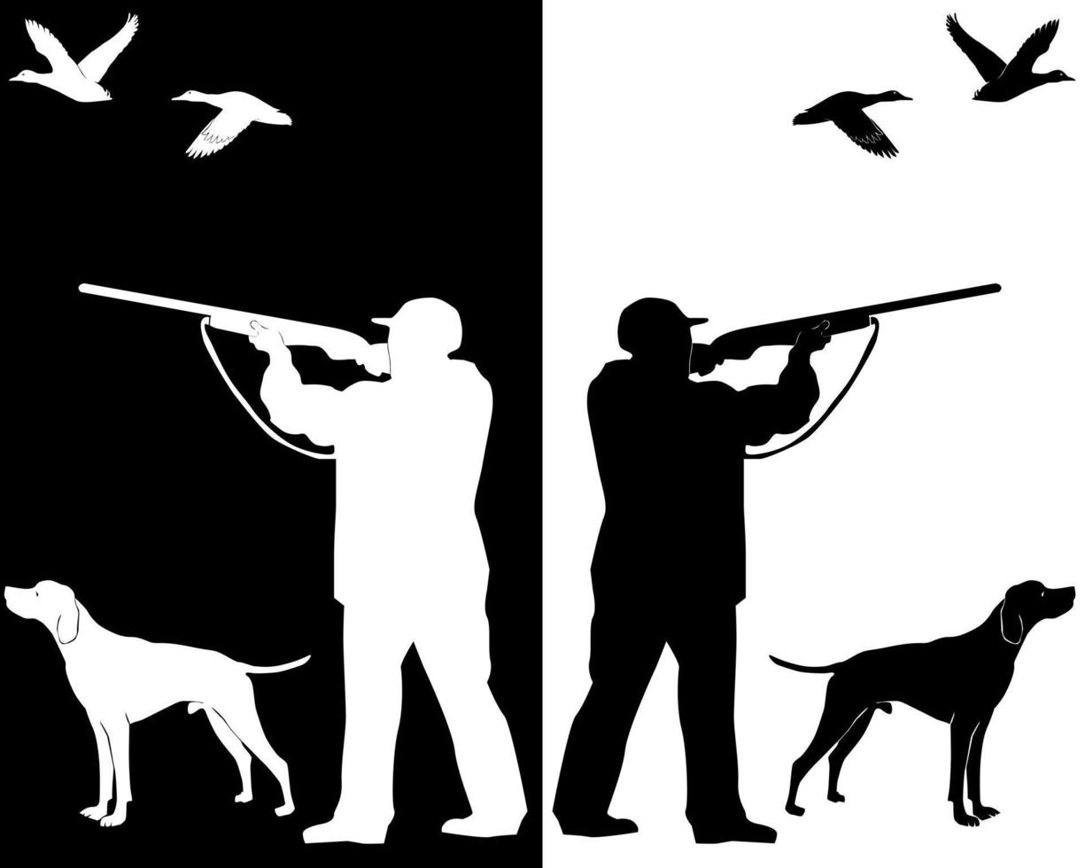 caçador de silhuetas com um cachorro em um fundo branco e preto vetor