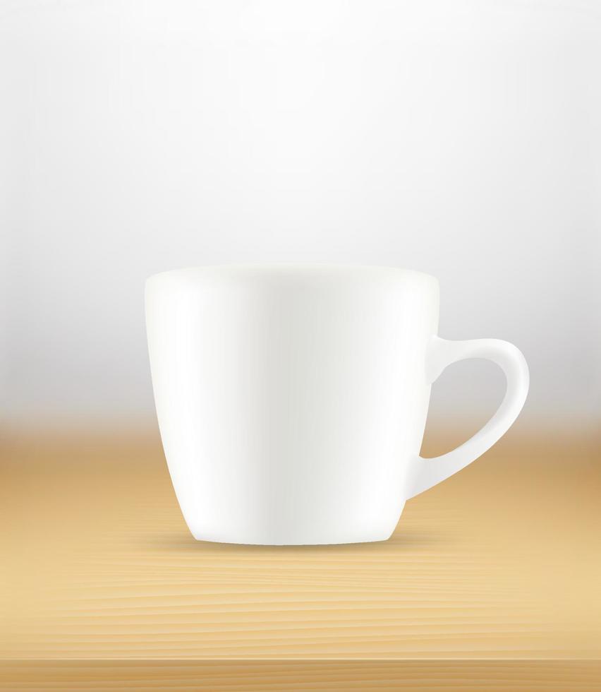xícara de café branca em uma mesa de madeira. ilustração vetorial 3d vetor
