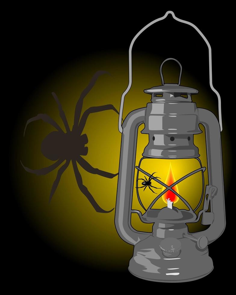 lâmpada de querosene com uma aranha em um fundo preto vetor