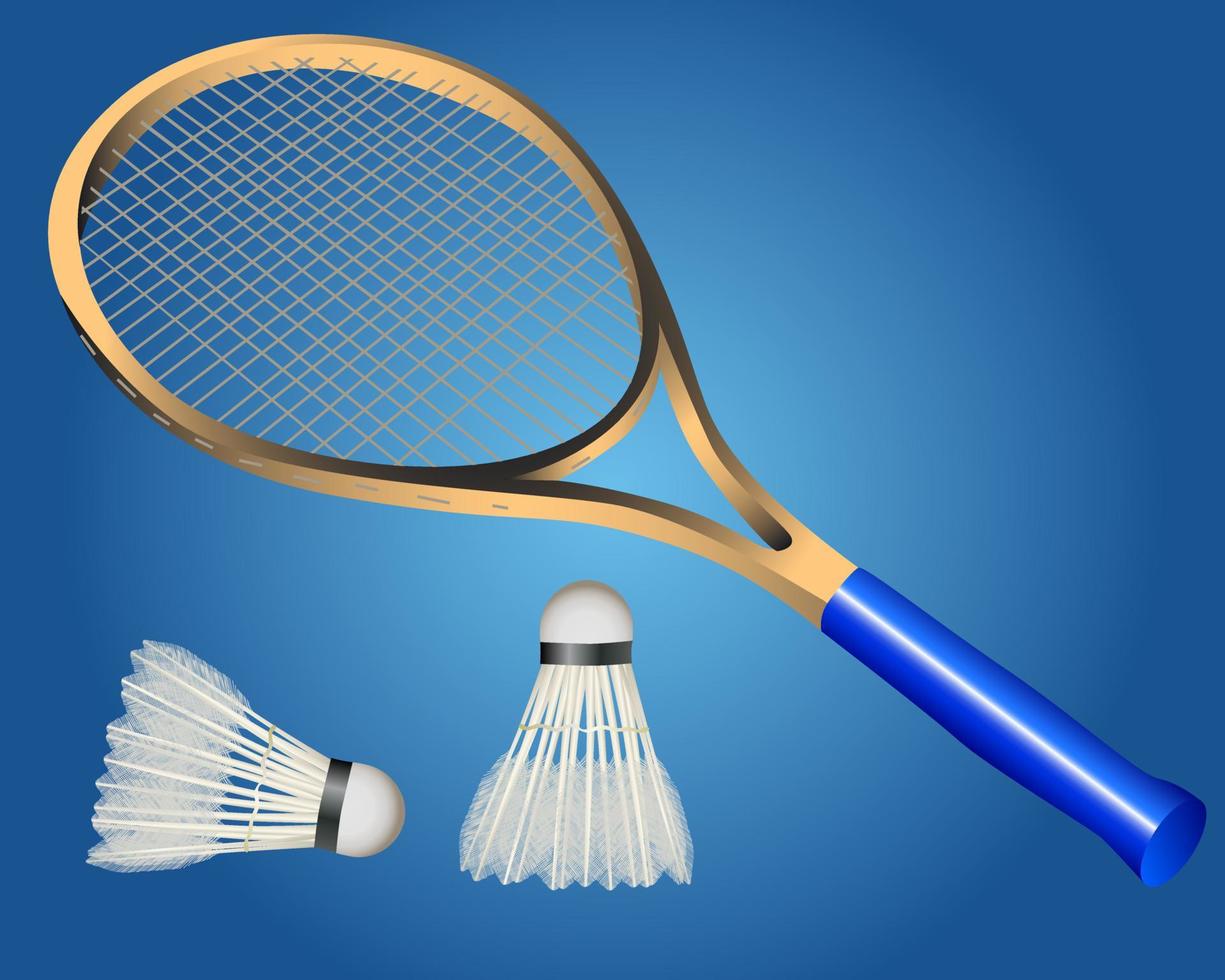 raquete e duas lançadeiras de badminton em um fundo azul vetor