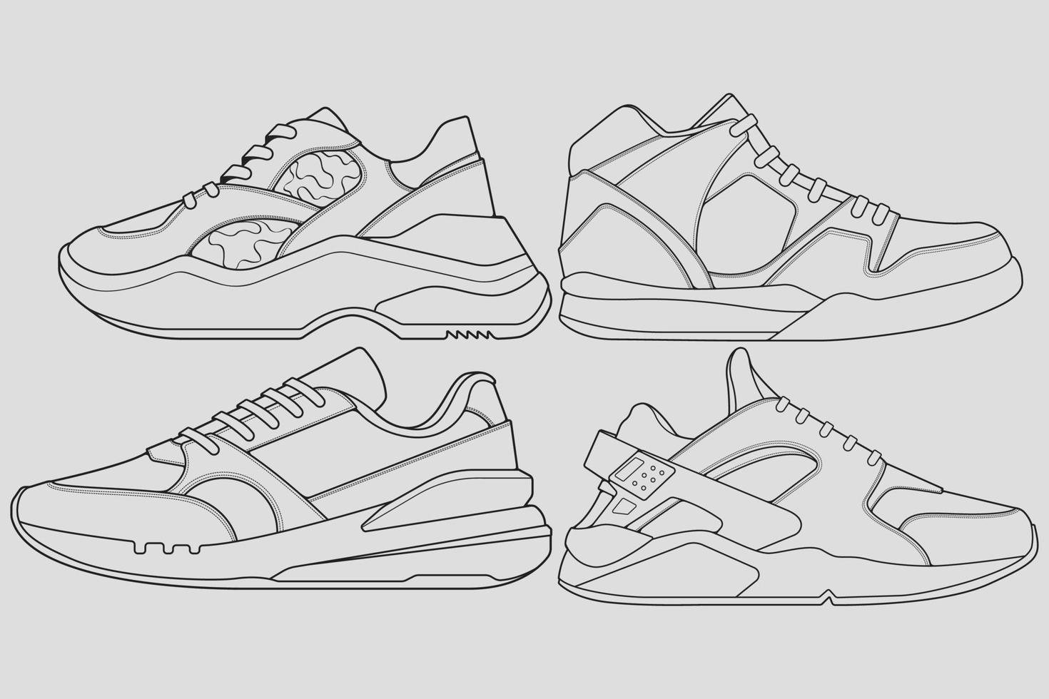 conjunto de tênis legal de contorno. vetor de desenho de contorno de tênis de sapatos, tênis desenhado em um estilo de desenho, contorno de modelo de tênis, coleção definida. ilustração vetorial.
