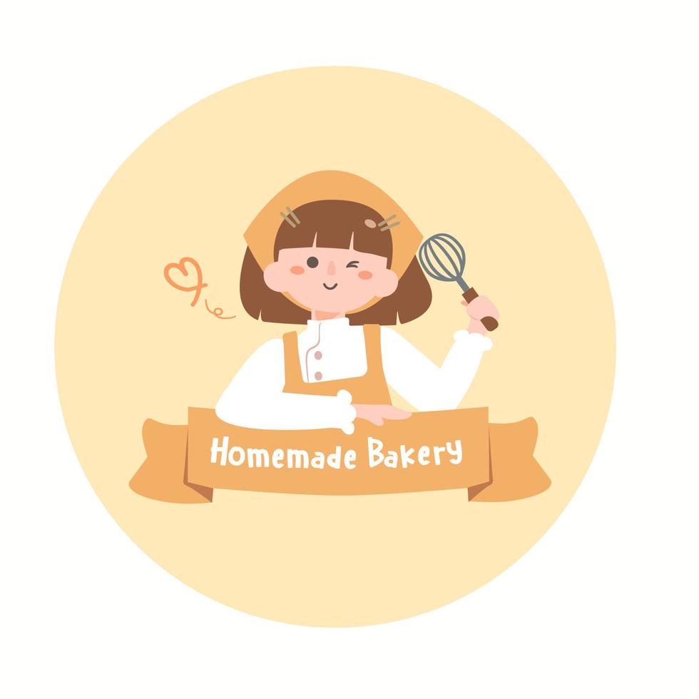 cute girl chef logo.homemade padaria concept.flat design ilustração vetorial para logotipo padaria e rótulo design.logo elementos. vestindo arpon e uniforme de chef. vetor