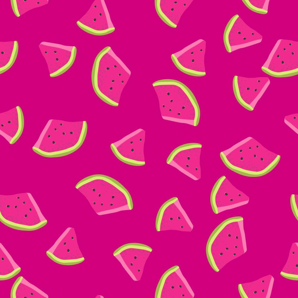 padrão de vetor sem costura de verão com fatias de melancia no fundo rosa. frutas exóticas desenhadas à mão em ornamento fofo para têxteis, papel de embrulho ou impressão.