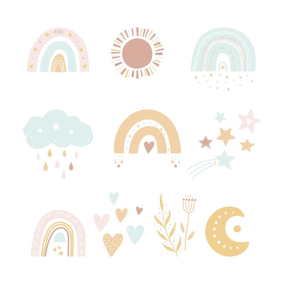 conjunto de elementos para design infantil em estilo boho inclui arco-íris, sol, lua, estrelas, corações, nuvens, plantas. ilustrações para chá de bebê, cartão, pôster vetor