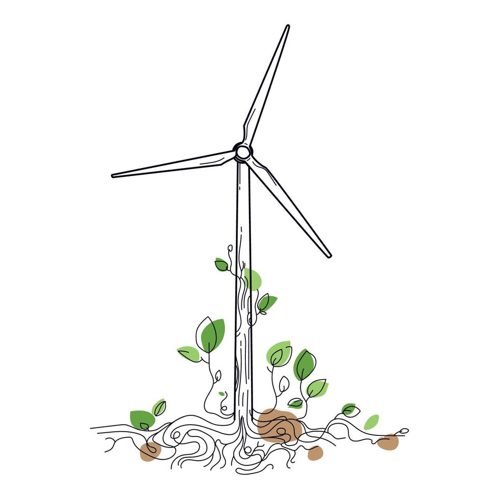 ilustração em vetor ícone de linha de turbina eólica isolada em branco. geração de energia renovável alternativa, conceito de energia verde. turbina eólica com galhos de árvores crescendo a partir da arte abstrata do solo