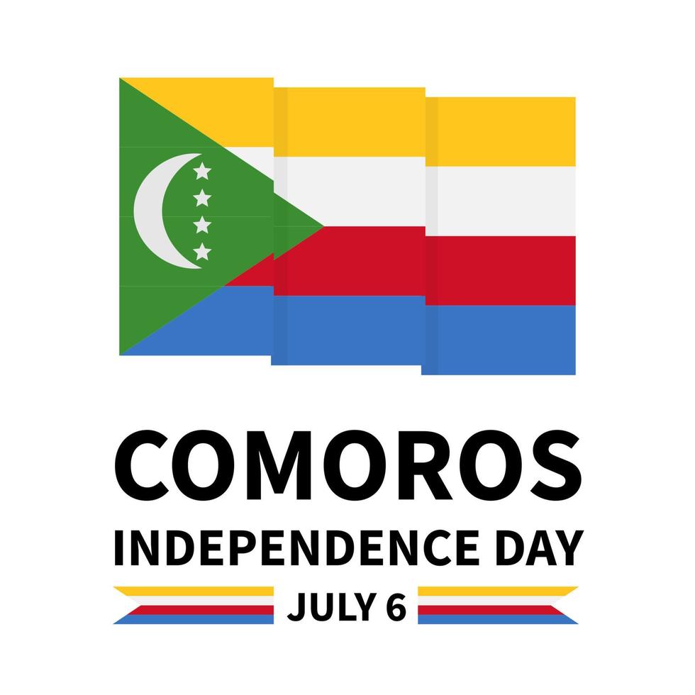 letras de dia da independência de comores com bandeira isolada em branco. feriado nacional comemorado em 6 de julho modelo vetorial para pôster de tipografia, banner, cartão de felicitações, panfleto, etc vetor