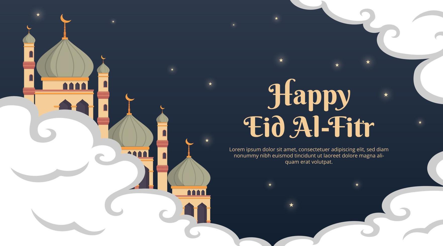 feliz eid al fitr fundo com mesquita e nuvem no céu vetor