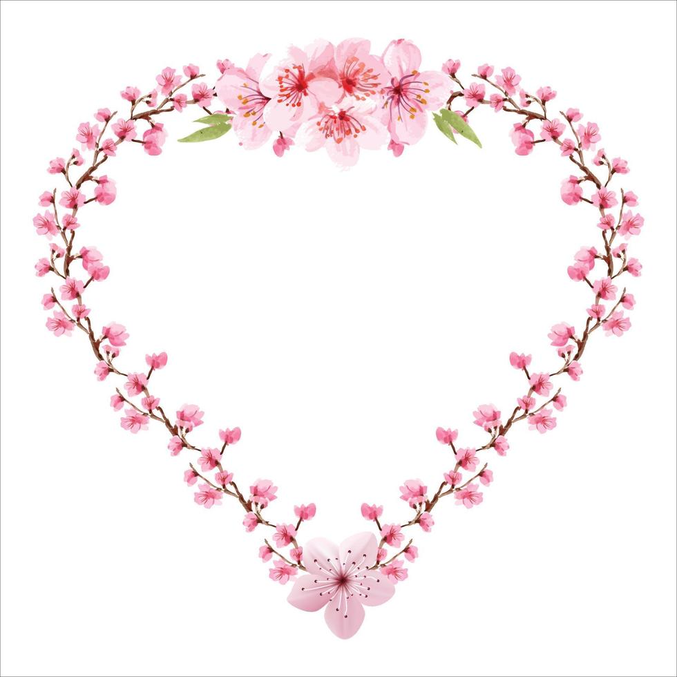 guirlanda floral em forma de coração com núcleo de fundo branco. flores de cerejeira grinalda rosa pétala romântica para casamento, data, dia dos namorados e evento especial. modelo de guirlanda de coração para impressão com vetor