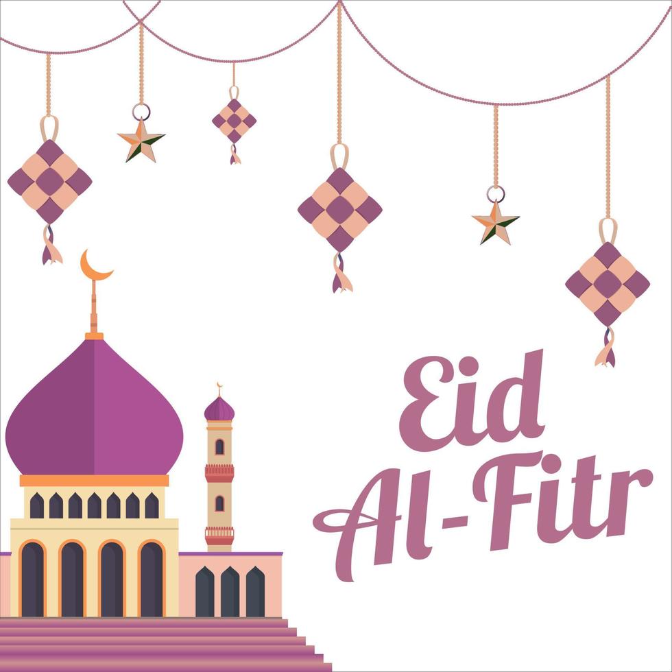 lindo eid al-fitr mubarak com efeito de texto roxo, festival sagrado dos muçulmanos, mesquita muçulmana, sombra multicolorida, roxo, ilustração vetorial de mesquita, desejo de eid mubarak, pipas. vetor