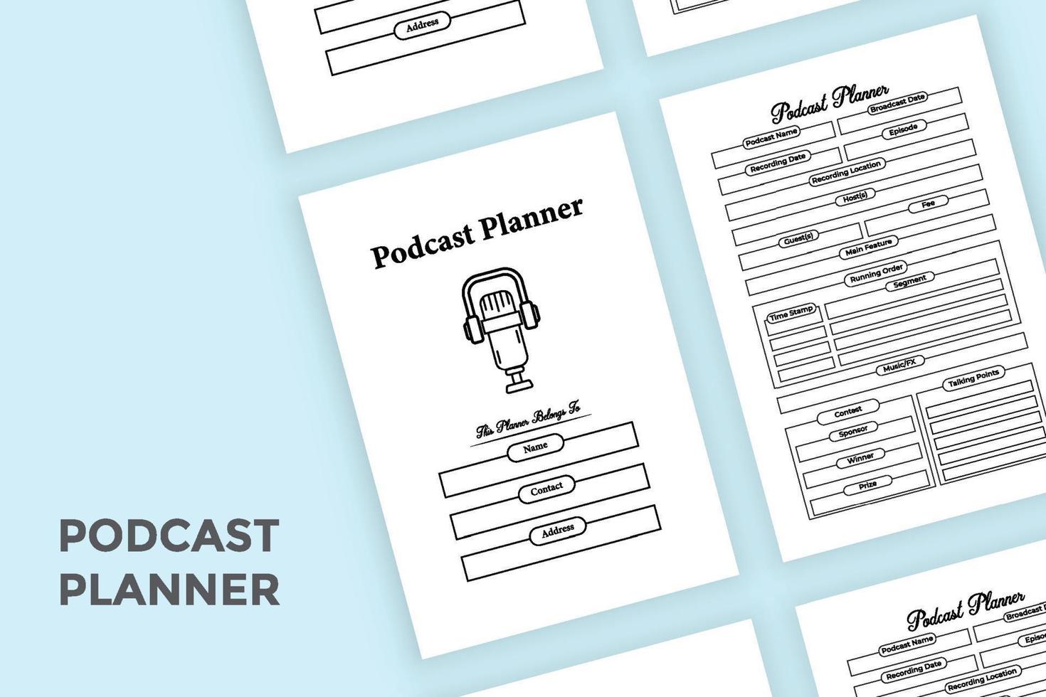 interior do diário de bordo do planejador de podcast. caderno de informações da estação de rádio e modelo de rastreador de convidados. interior de um diário de bordo. planejador de podcast e interior do rastreador de atividades diárias. vetor