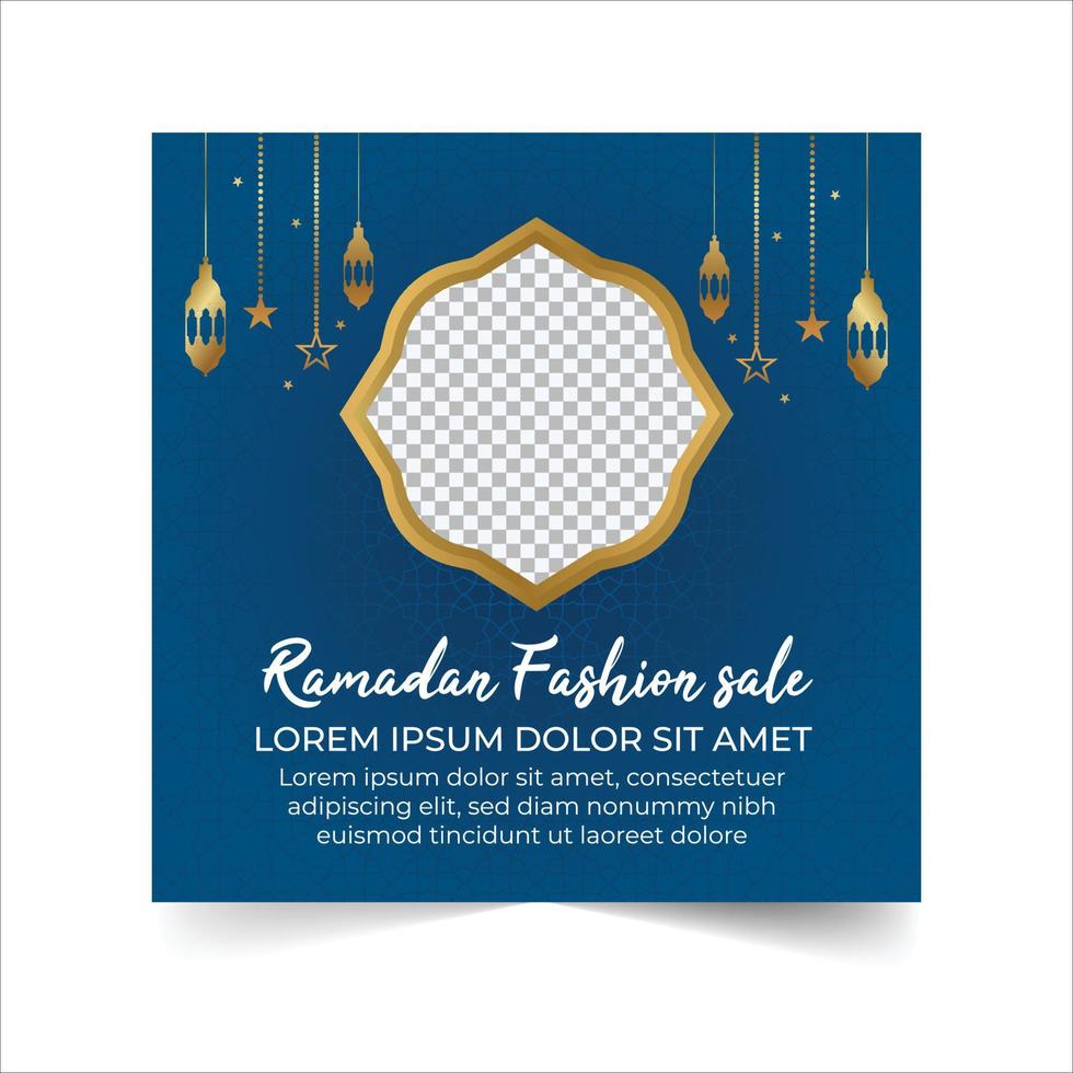 anúncio de banners de modelo de postagem de mídia social de venda do ramadã, ilustração editável, mês sagrado islâmico do banner de venda do ramadã com lanternas douradas iluminadas e janela em um fundo azul. vetor