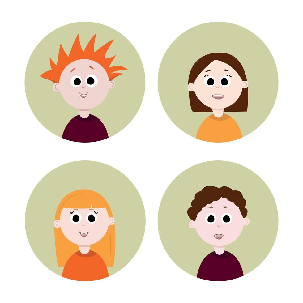 conjunto de estilo plano de avatares garoto meninos e meninas, ilustração vetorial isolado no fundo branco. lindos rostos de crianças felizes, coleção de perfis de usuários redondos vetor