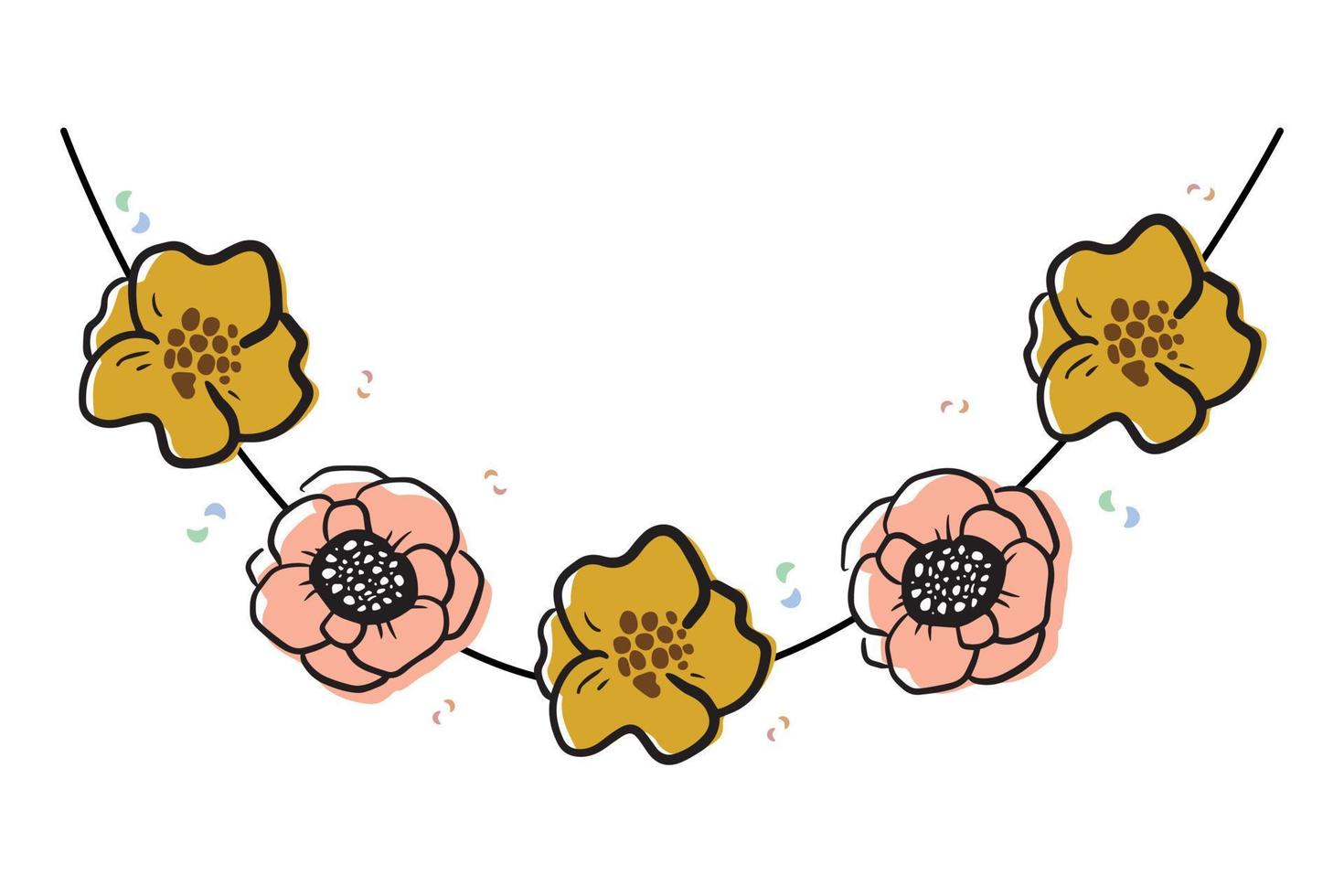 guirlanda com flores cor de rosa e amarelas e símbolos abstratos doodle estilo, ilustração vetorial isolada no fundo branco. elemento decorativo para design vetor