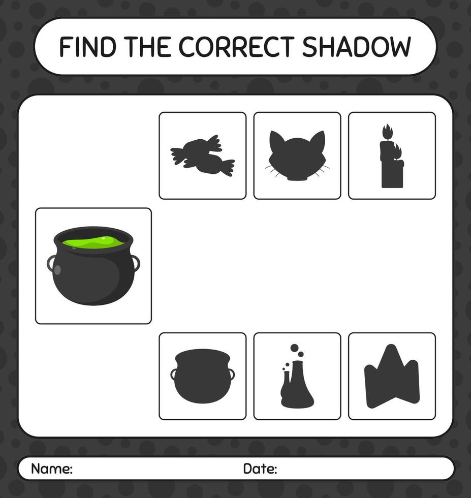 encontre o jogo de sombras correto com caldeirão. planilha para crianças pré-escolares, folha de atividades para crianças vetor