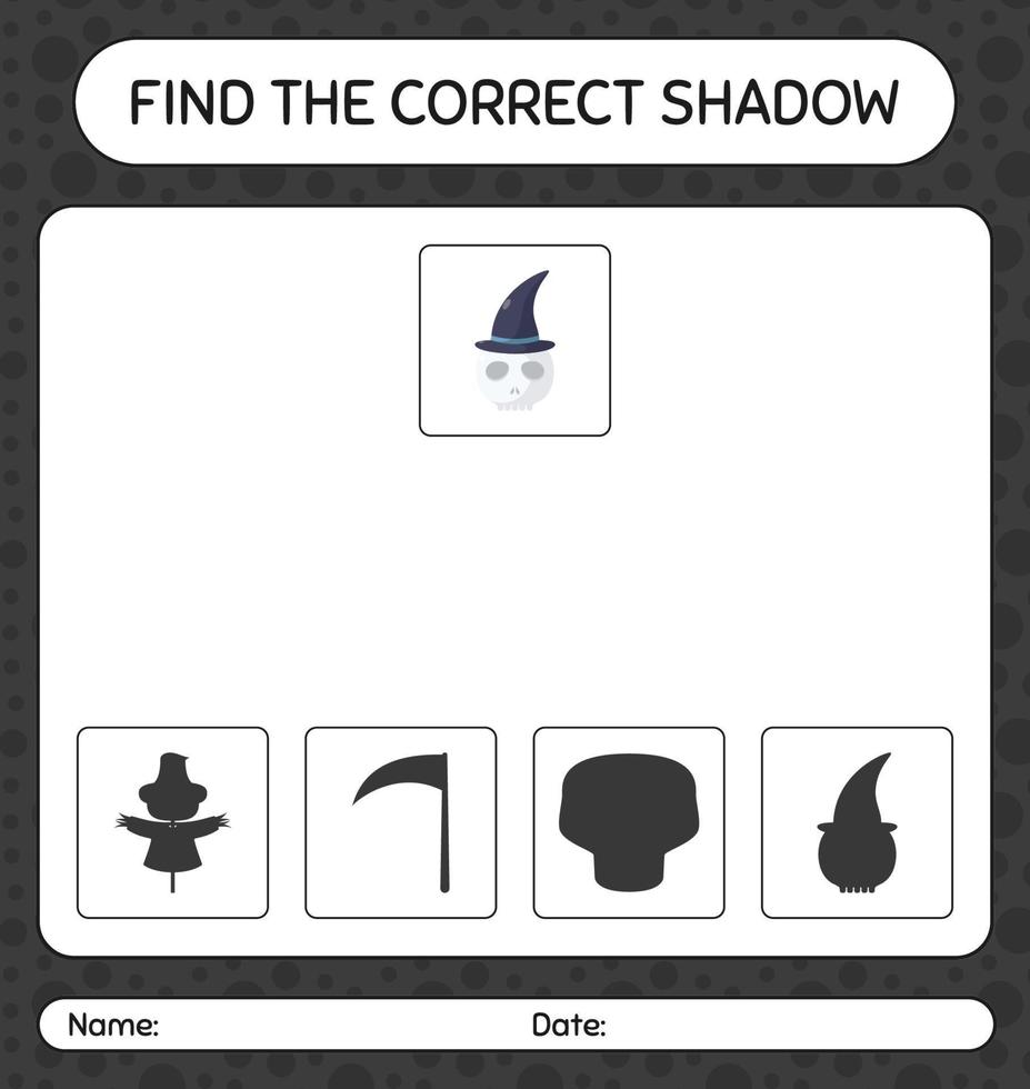 encontre o jogo de sombras correto com o crânio. planilha para crianças pré-escolares, folha de atividades para crianças vetor