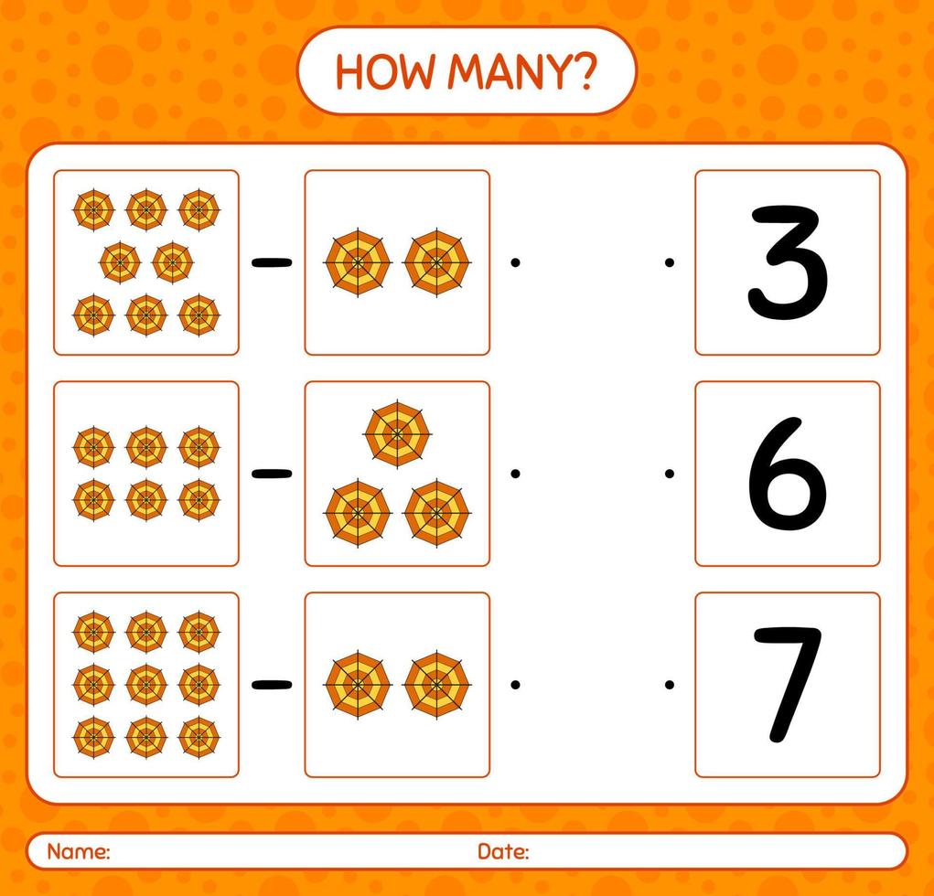 quantos jogo de contagem com teia de aranha. planilha para crianças pré-escolares, folha de atividades para crianças vetor