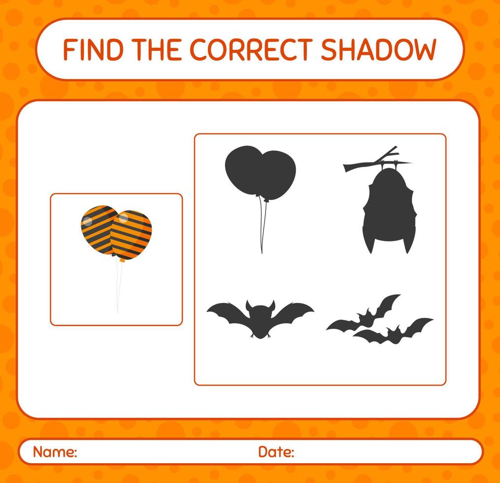 encontre o jogo de sombras correto com balão. planilha para crianças pré-escolares, folha de atividades para crianças vetor