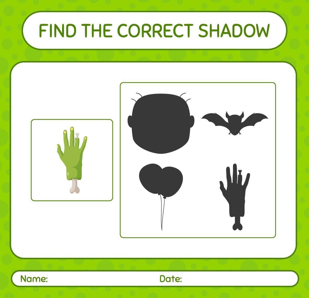 encontre o jogo de sombras correto com a mão do zumbi. planilha para crianças pré-escolares, folha de atividades para crianças vetor