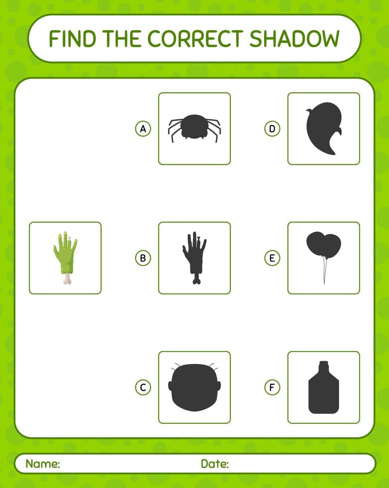 encontre o jogo de sombras correto com a mão do zumbi. planilha para crianças pré-escolares, folha de atividades para crianças vetor