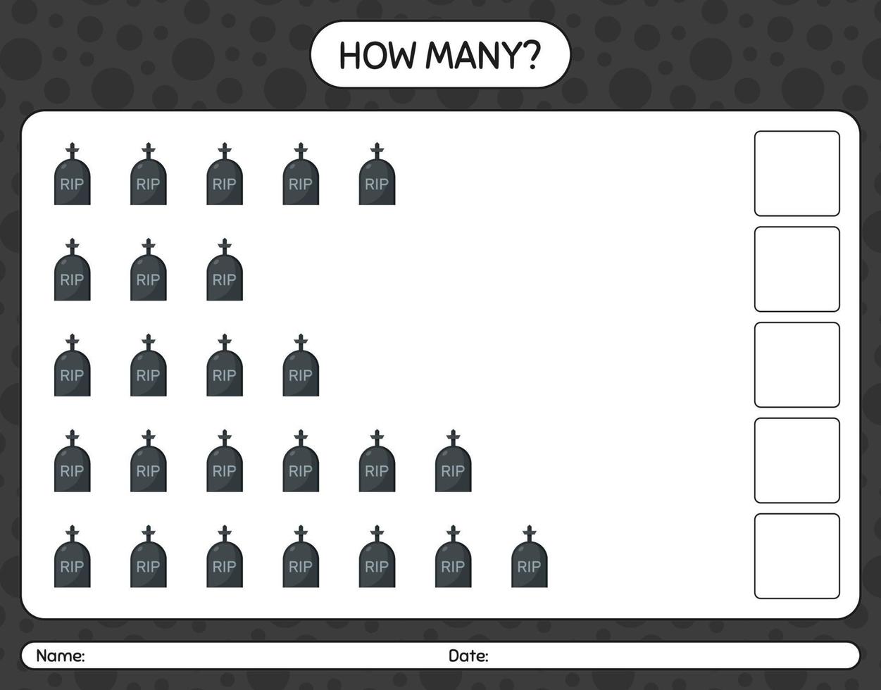 quantos jogo de contagem com lápide. planilha para crianças pré-escolares, folha de atividades para crianças vetor