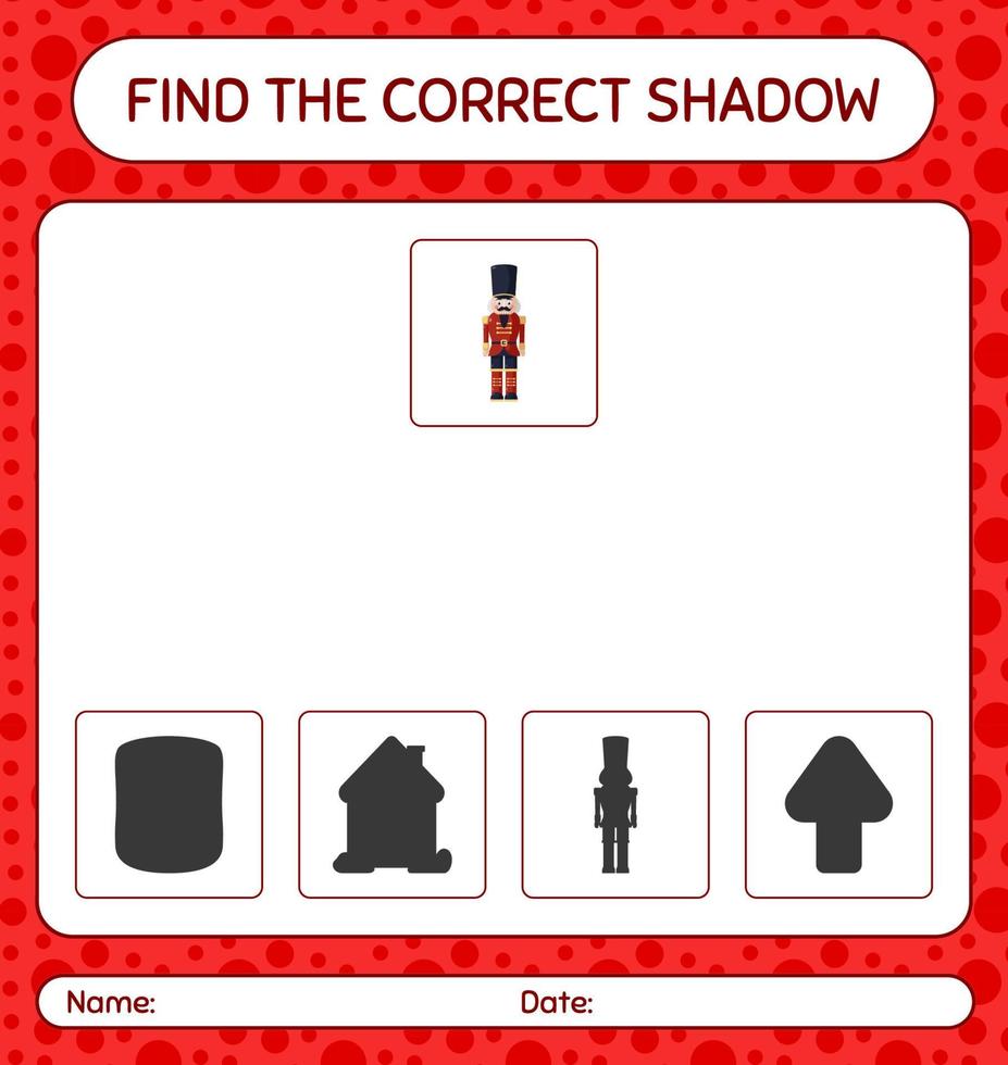 encontre o jogo de sombras correto com o quebra-nozes. planilha para crianças pré-escolares, folha de atividades para crianças vetor