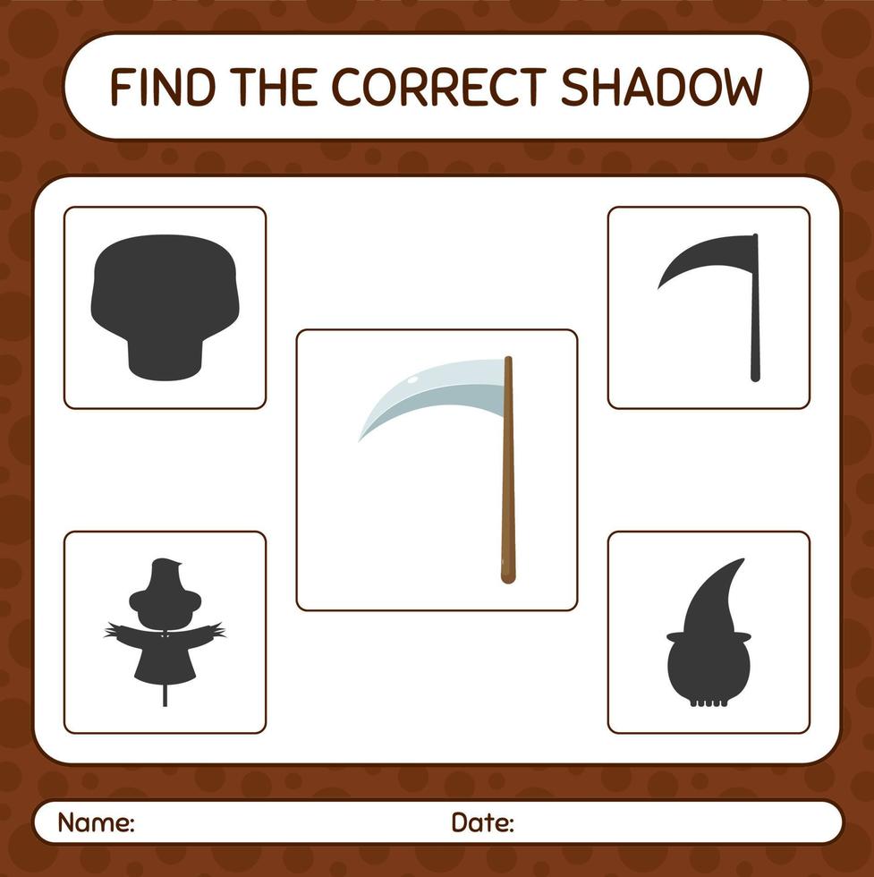 encontre o jogo de sombras correto com a foice. planilha para crianças pré-escolares, folha de atividades para crianças vetor