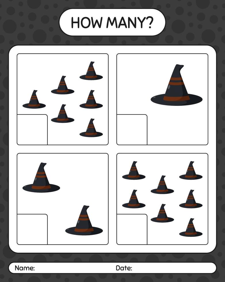 quantos jogo de contagem com chapéu de bruxa. planilha para crianças pré-escolares, folha de atividades para crianças vetor