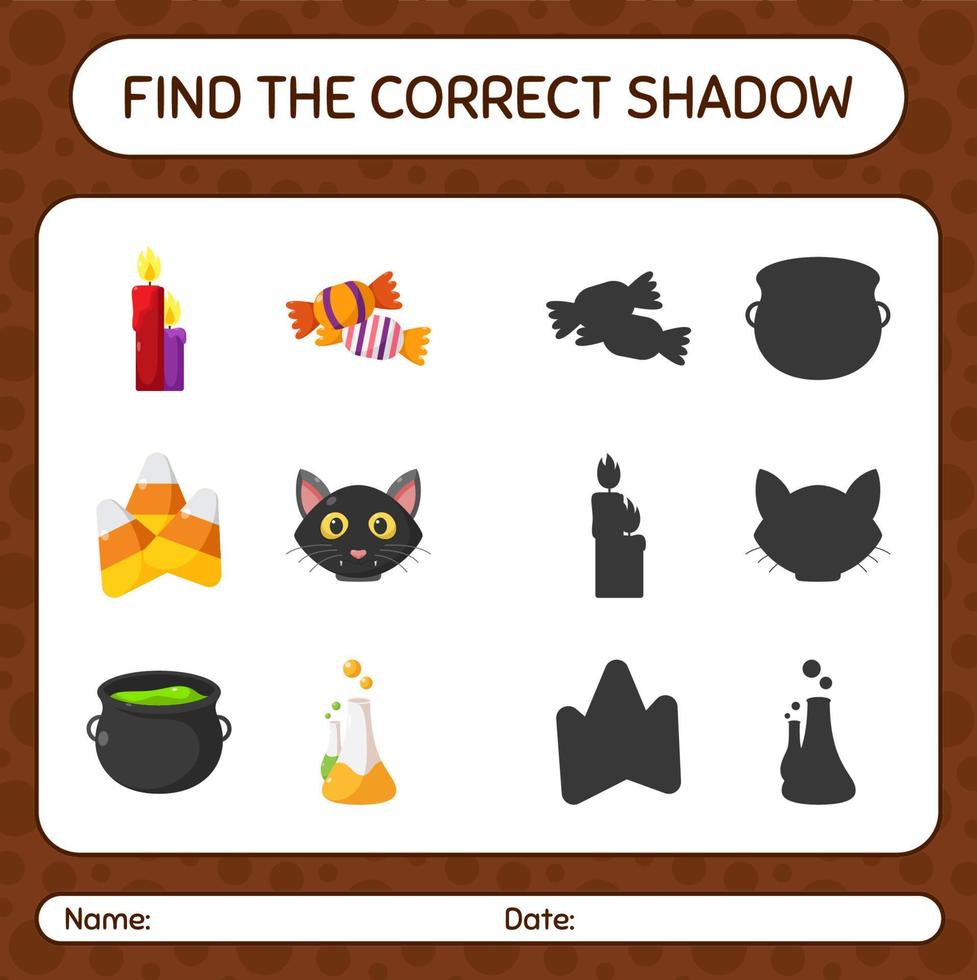 encontre o jogo de sombras correto com o ícone de halloween. planilha para crianças pré-escolares, folha de atividades para crianças vetor