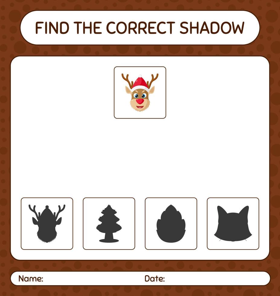 encontre o jogo de sombras correto com renas. planilha para crianças pré-escolares, folha de atividades para crianças vetor