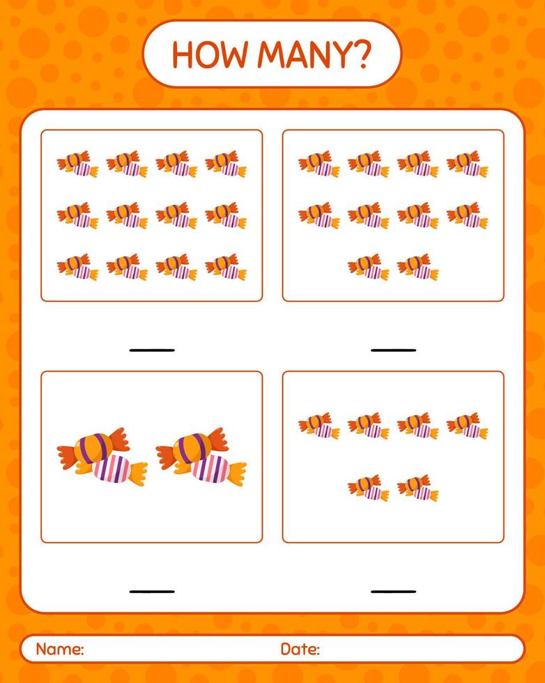 quantos jogo de contagem com doces. planilha para crianças pré-escolares, folha de atividades para crianças vetor
