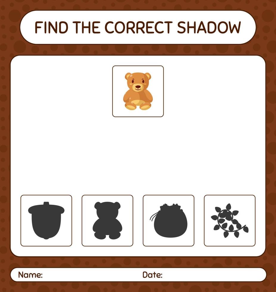 encontre o jogo de sombras correto com o ursinho de pelúcia. planilha para crianças pré-escolares, folha de atividades para crianças vetor