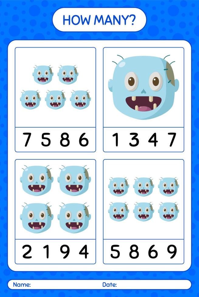 quantos jogo de contagem com zumbi. planilha para crianças pré-escolares, folha de atividades para crianças vetor