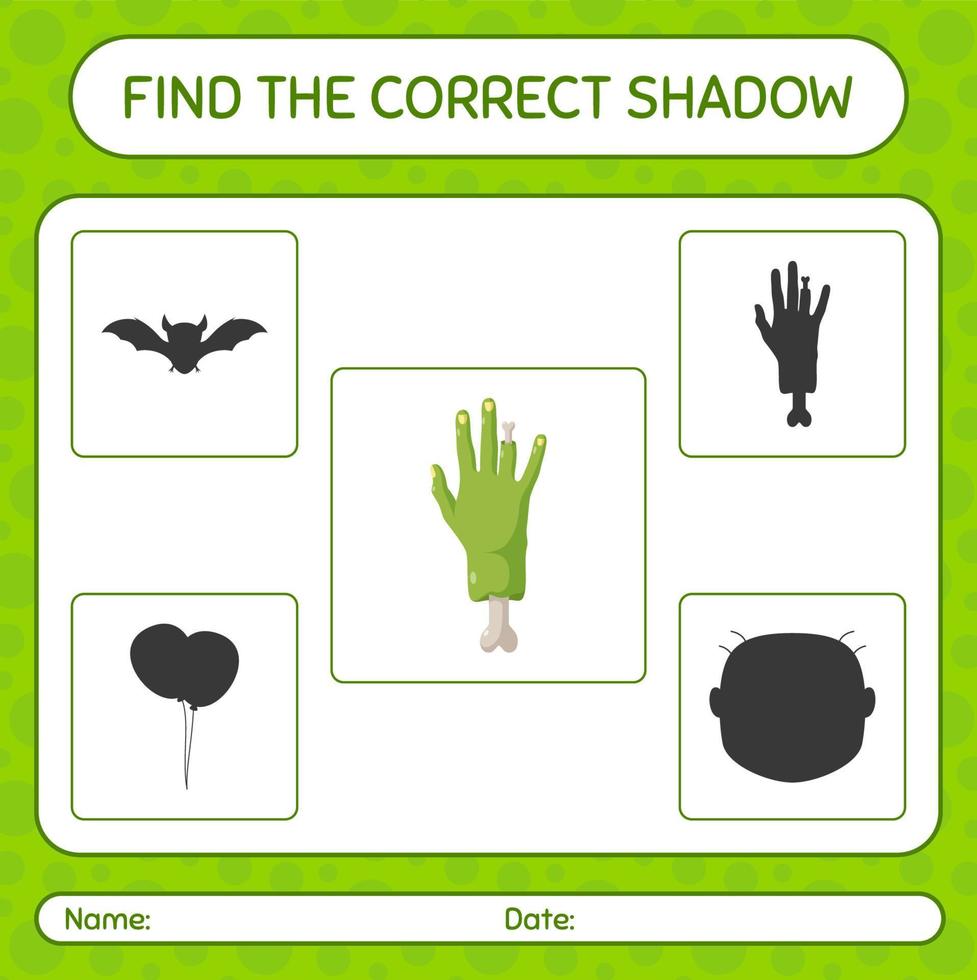 encontre o jogo de sombras correto com a mão do zumbi. planilha para crianças pré-escolares, folha de atividades para crianças vetor