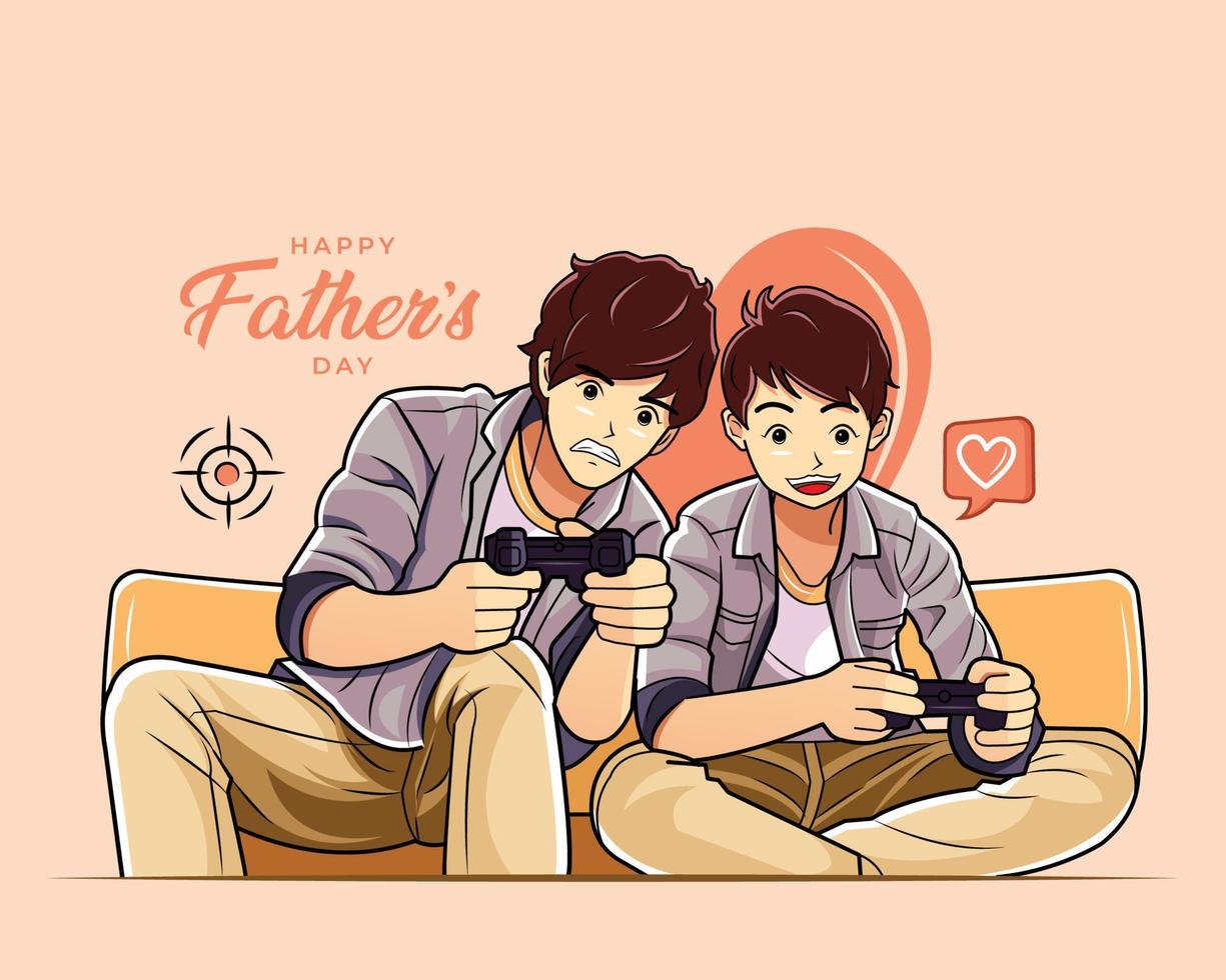 Feliz dia dos pais. pai e filho jogando videogame online ilustração vetorial pro download vetor
