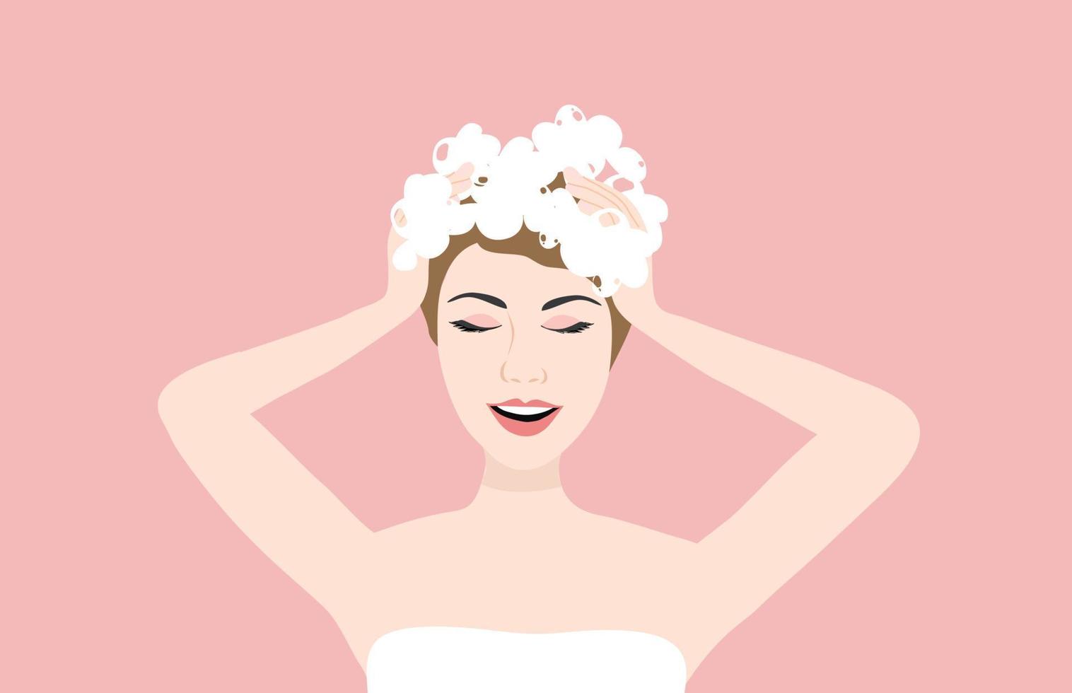 linda mulher lavando o cabelo com ilustração vetorial de xampu. beleza, spa, conceito de cuidados com o cabelo de salão vetor