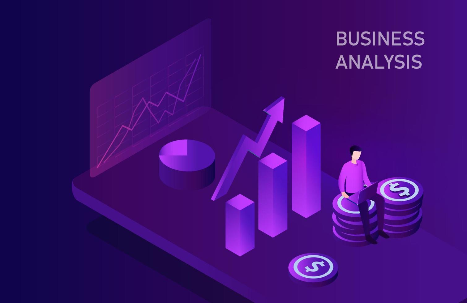 conceito de análise de negócios, análise e planejamento do empresário, aumentar os lucros para o crescimento dos negócios com ilustração vetorial de tecnologia inovadora vetor