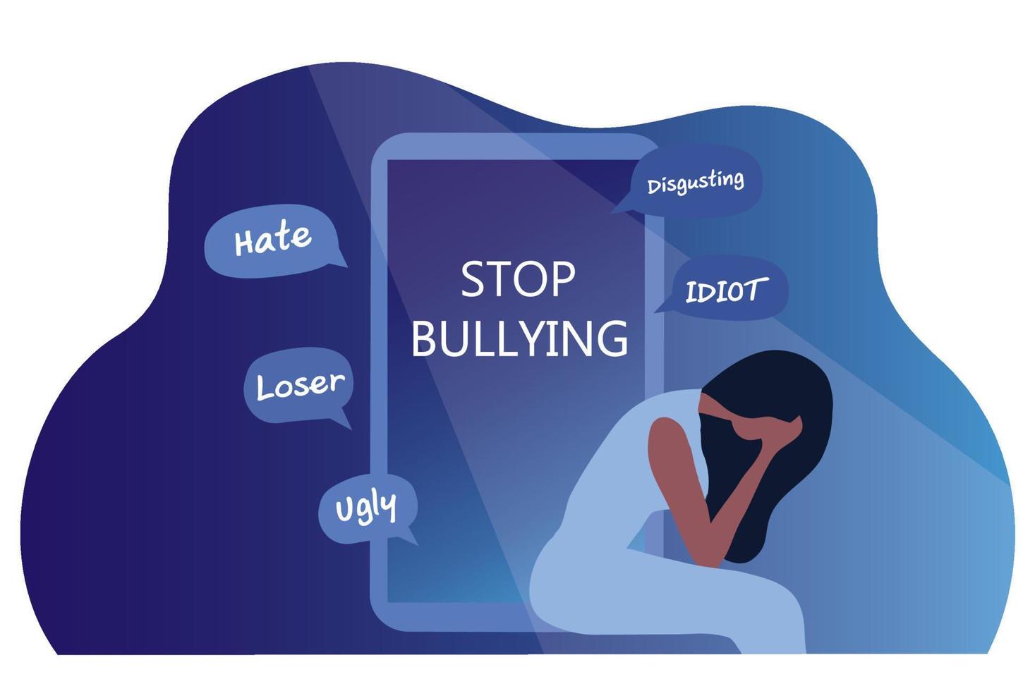 pare o conceito de bullying e cyberbullying, mulher deprimida sofrendo com críticas negativas e ilustração vetorial de discurso de ódio online vetor