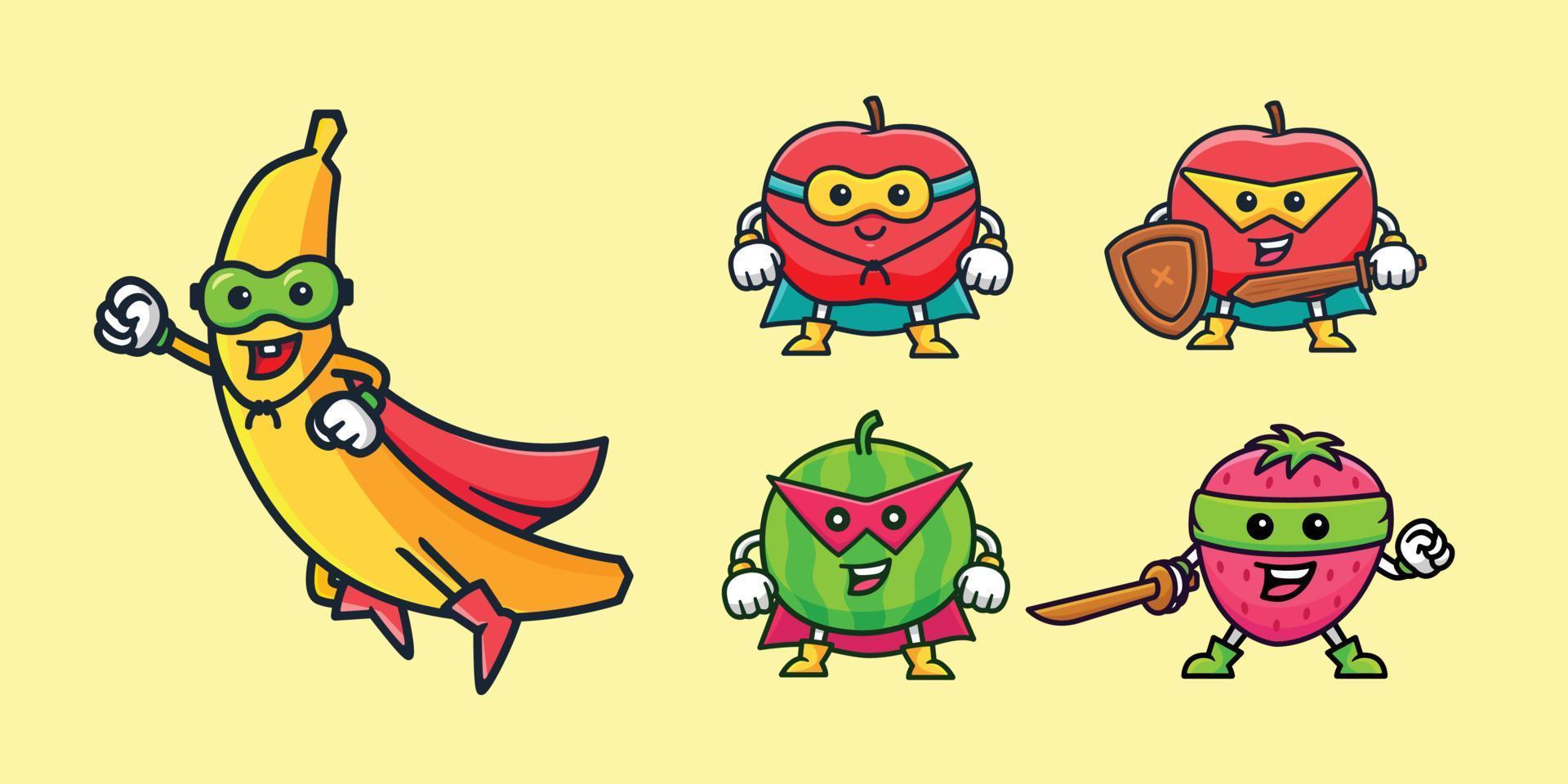 conjunto de ilustração de personagem de desenho animado de super herói de fruta fofa vetor