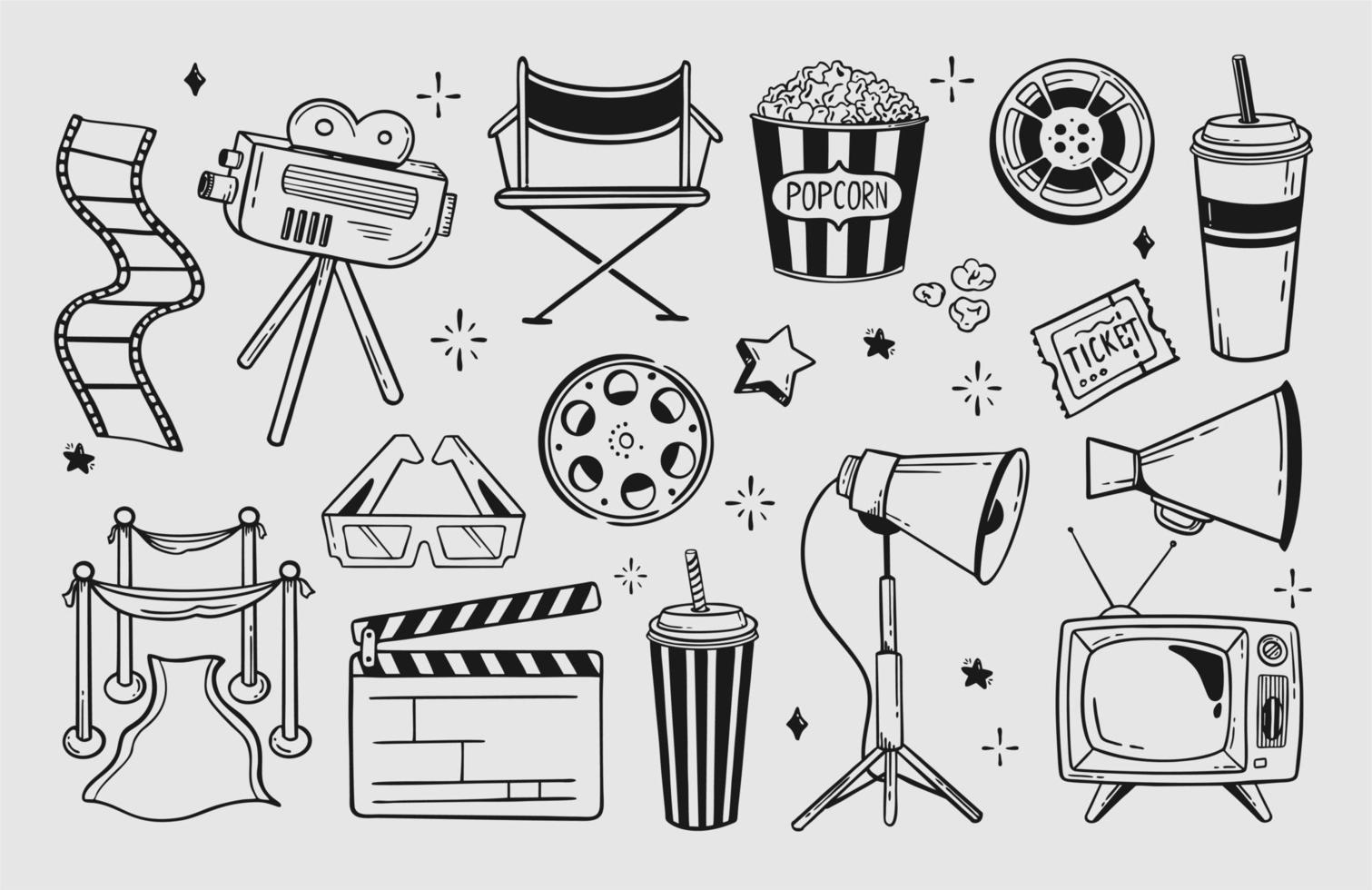 conjunto de cinema de elementos desenhados à mão com uma linha para ilustração vetorial de festivais e feriados no estilo de um doodle isolado em um fundo cinza vetor