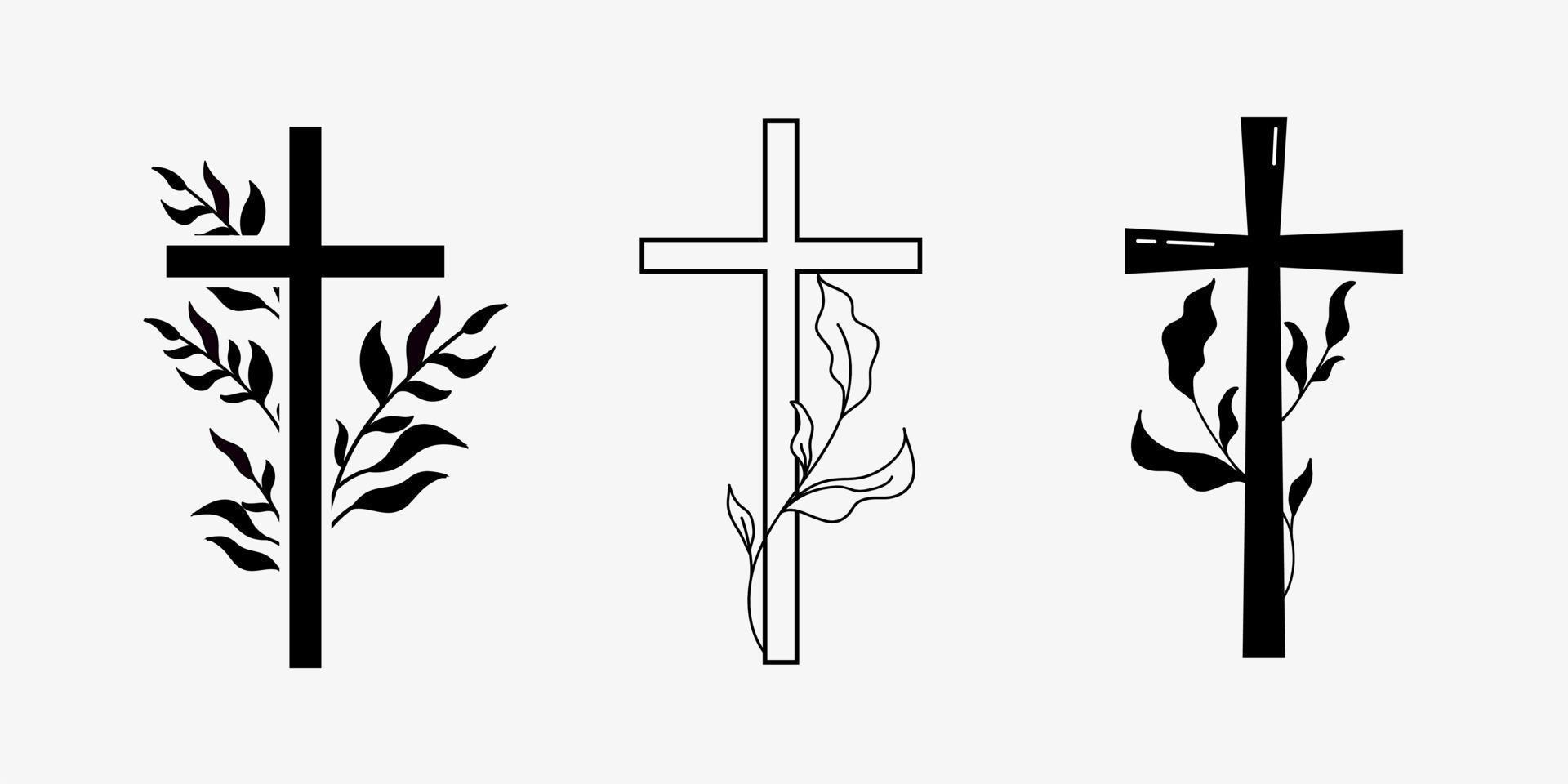 cruze o projeto funeral religioso com ramos. ilustração vetorial em preto e branco vetor