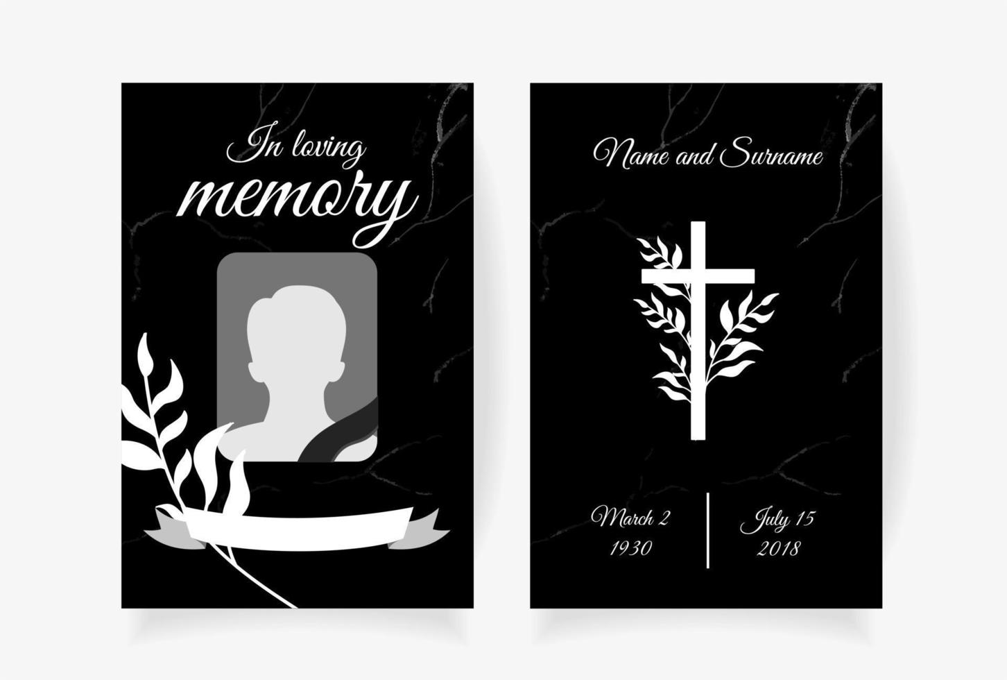 design de modelo de cartão funeral com galhos colocados sob o nome cruzado da foto e as datas da morte. ilustração vetorial em preto e branco vetor