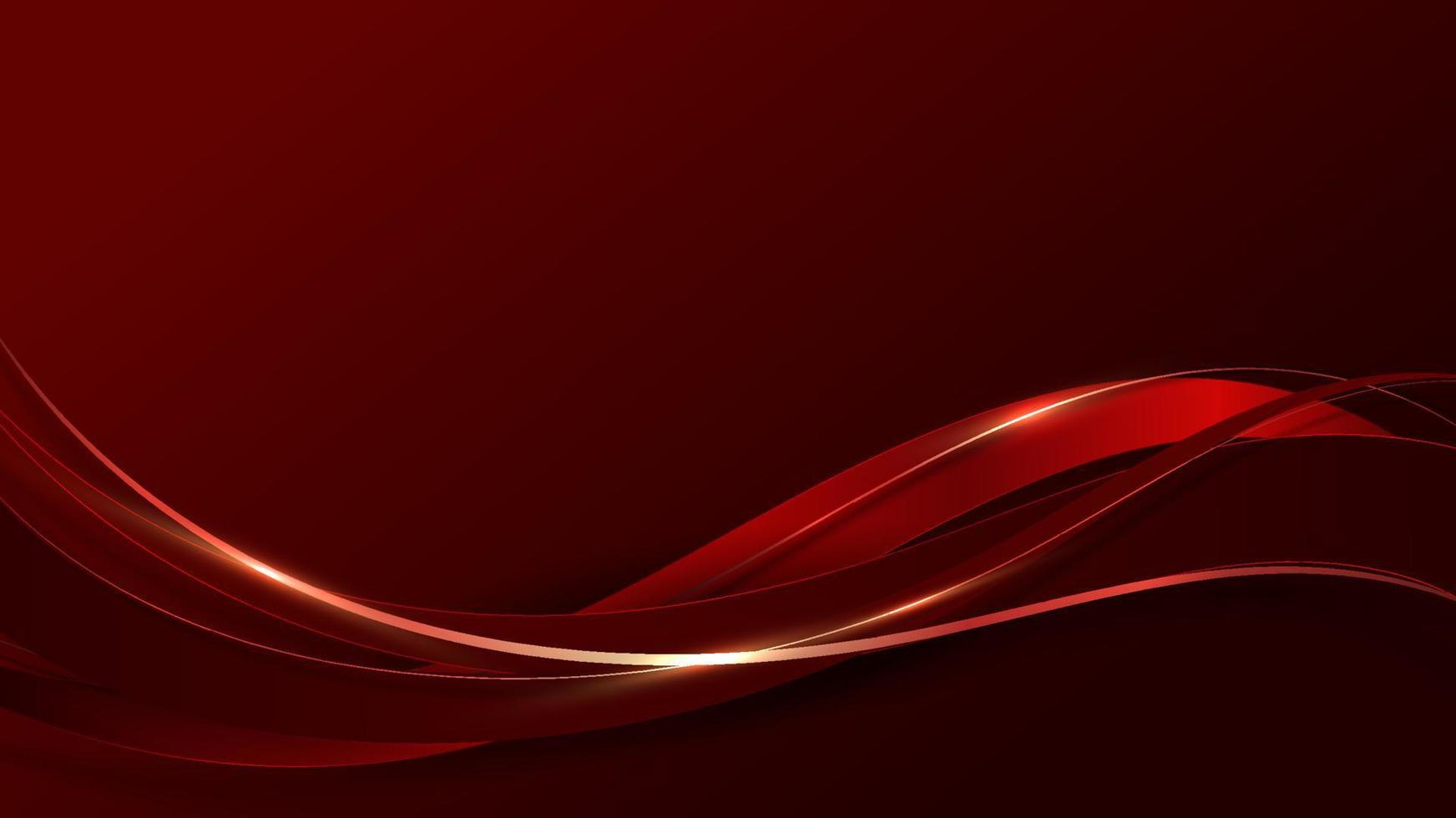 linhas de onda de cor vermelha de luxo 3d abstratas com decoração de linha curva dourada brilhante e iluminação de brilho em fundo vermelho gradiente vetor