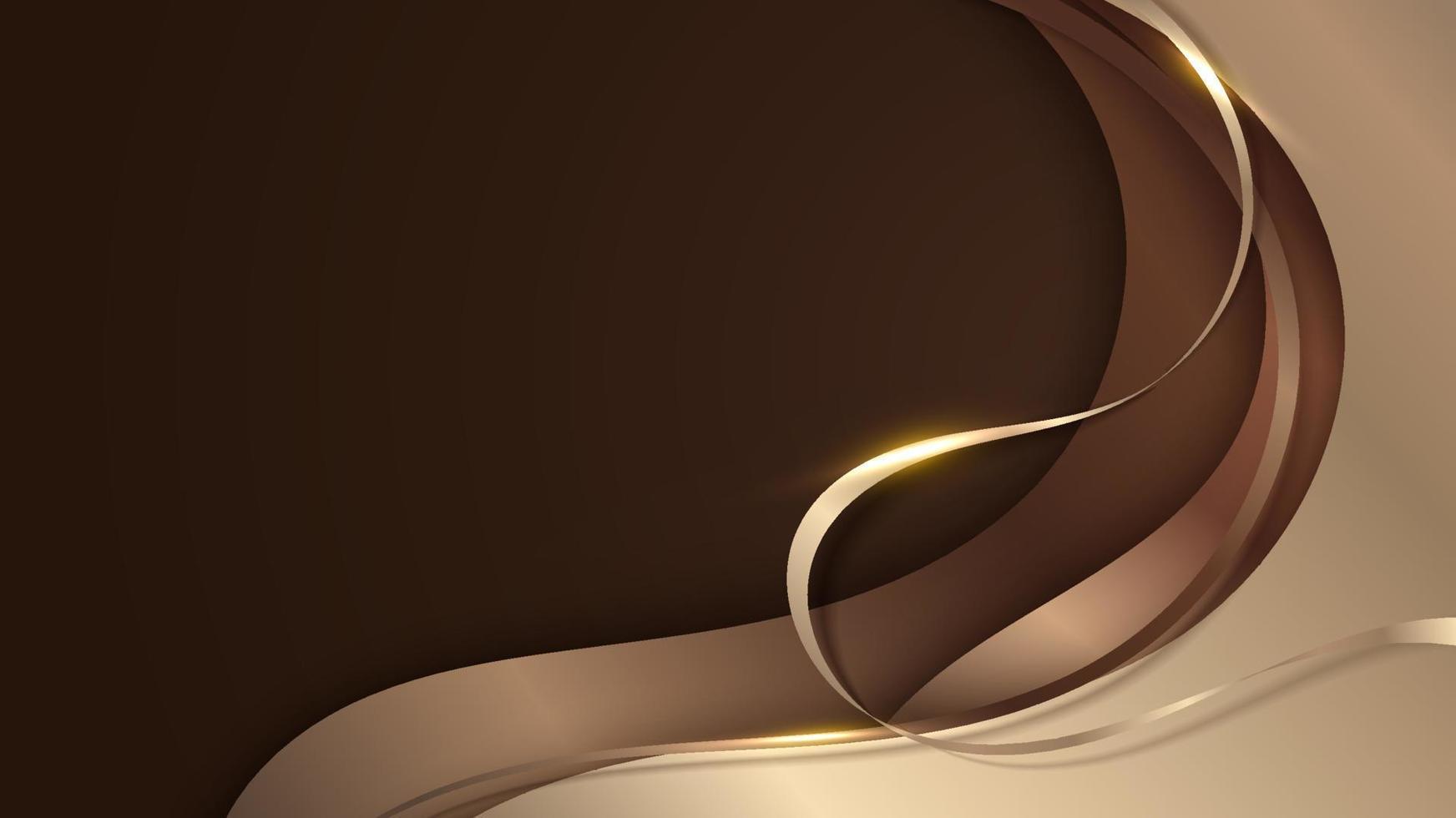 modelo de design de banner de luxo moderno 3d abstrato papel de onda dourada cortado com linhas de fita de ouro em fundo marrom vetor