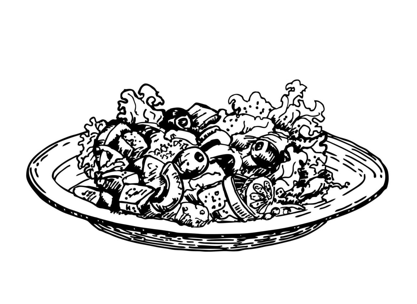 salada. tigela de salada grega. alface, tomate cereja, pepino, pimentão. tigela de comida vetor