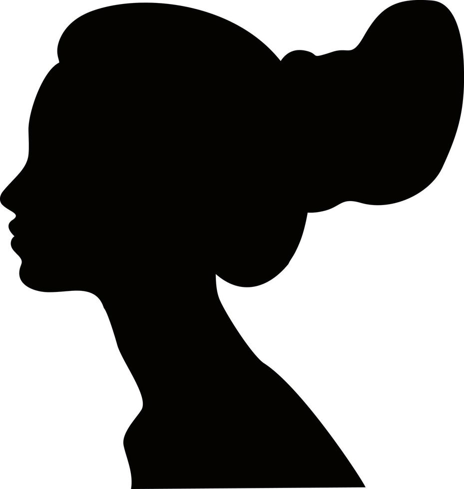 perfil de mulher com cabelo em um coque, silhueta preta. garota com um penteado moderno. grande coque de cabelo. vetor