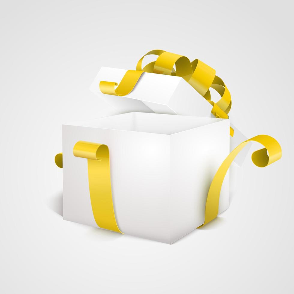 caixa de presente vazia 3d aberta branca com fita amarela no backgro branco vetor