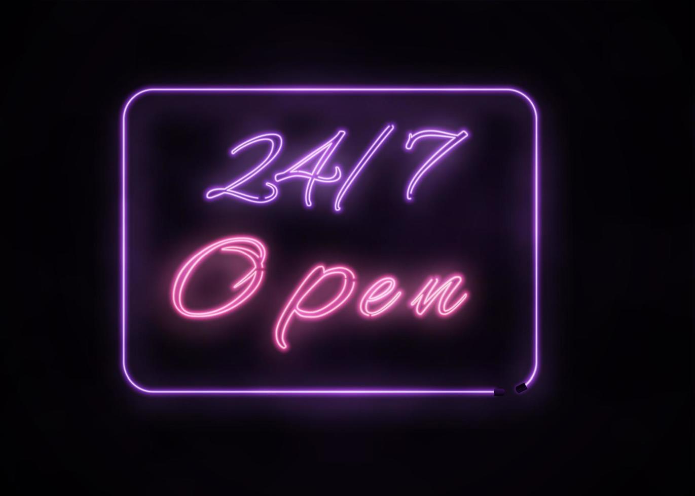 neon aberto 24 7 assinar em fundo preto. vetor