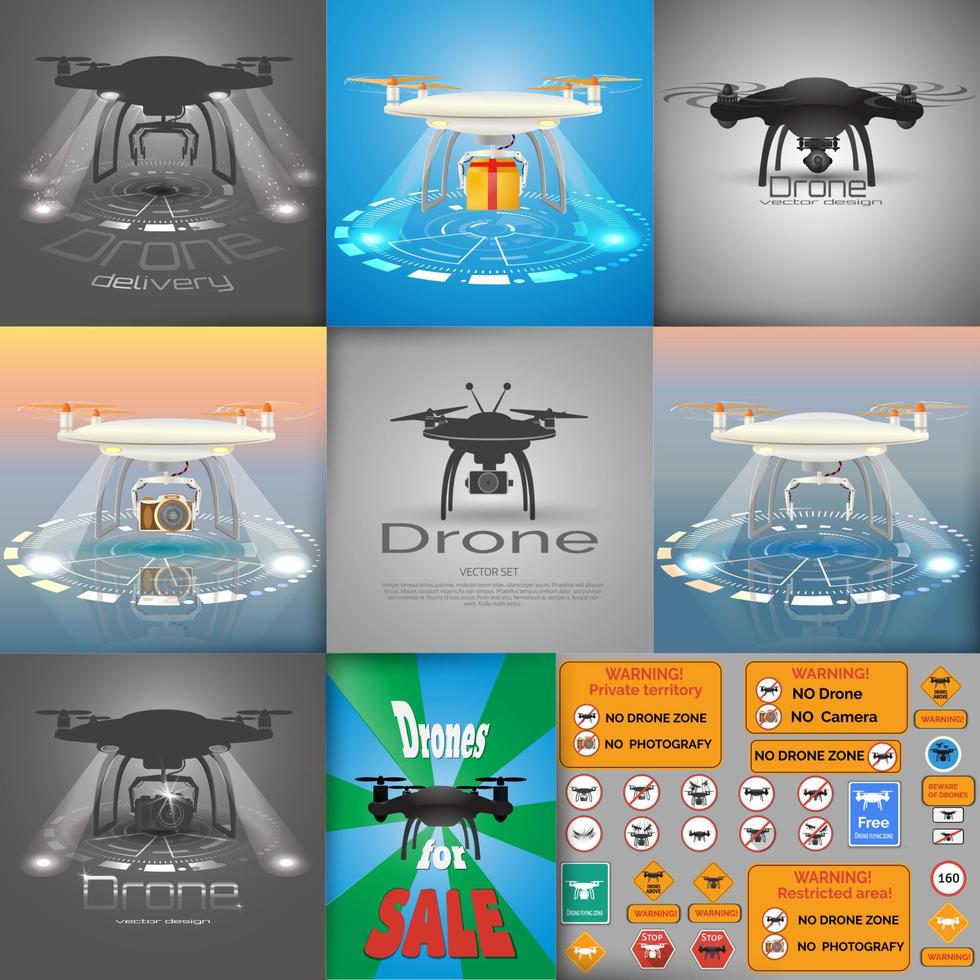 grande conjunto de ilustrações de drones vetor